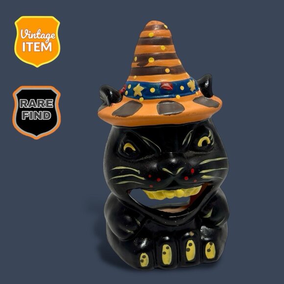 Vintage Ceramic Witches Black Cat Tea Light Holder Statue. RARE Halloween Decor. - Picture 1 of 8